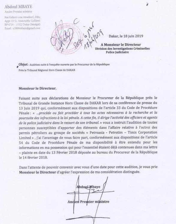 Affaire Petro-Tim : La lettre d'Abdoul Mbaye au chef de la DIC (document)